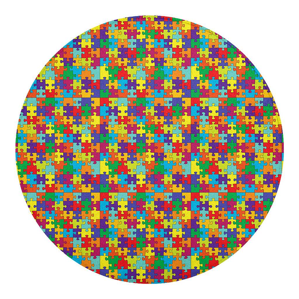 Colorful Autism Awareness Puzzle Print Round Blanket