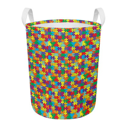 Colorful Autism Awareness Puzzle Print Round Laundry Basket
