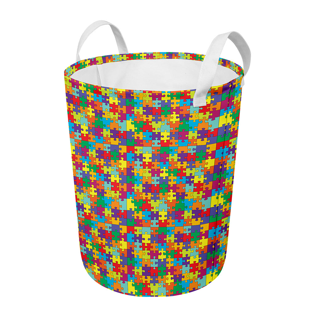 Colorful Autism Awareness Puzzle Print Round Laundry Basket