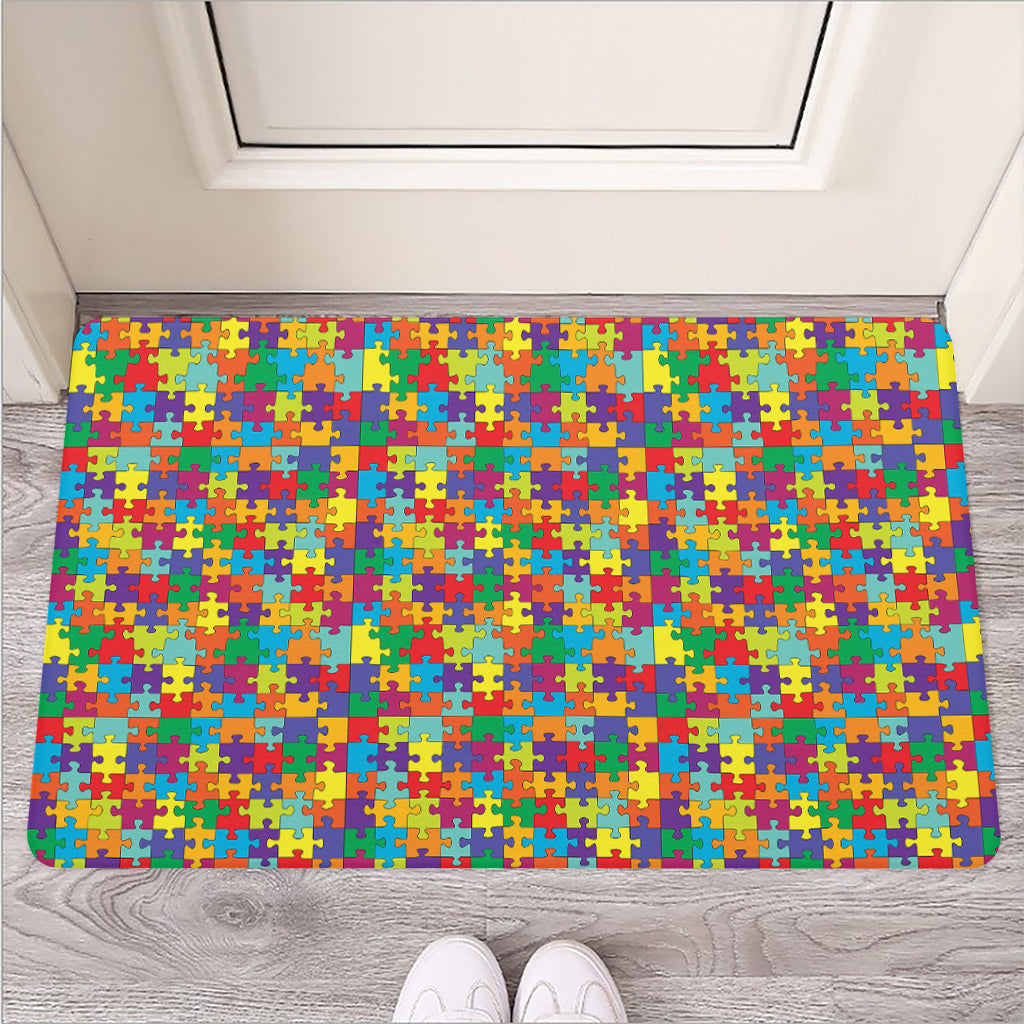 Colorful Autism Awareness Puzzle Print Rubber Doormat