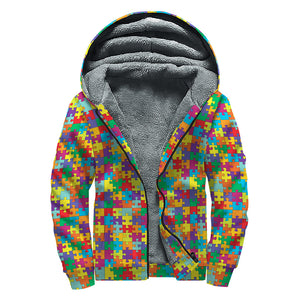 Colorful Autism Awareness Puzzle Print Sherpa Lined Zip Up Hoodie