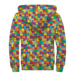 Colorful Autism Awareness Puzzle Print Sherpa Lined Zip Up Hoodie