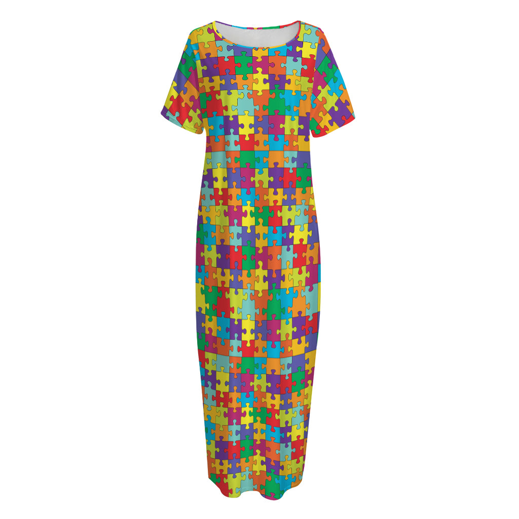 Colorful Autism Awareness Puzzle Print Short Sleeve Long Nightdress