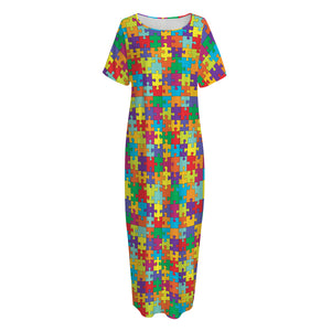 Colorful Autism Awareness Puzzle Print Short Sleeve Long Nightdress