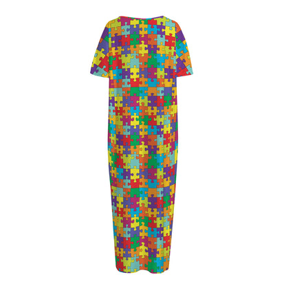 Colorful Autism Awareness Puzzle Print Short Sleeve Long Nightdress