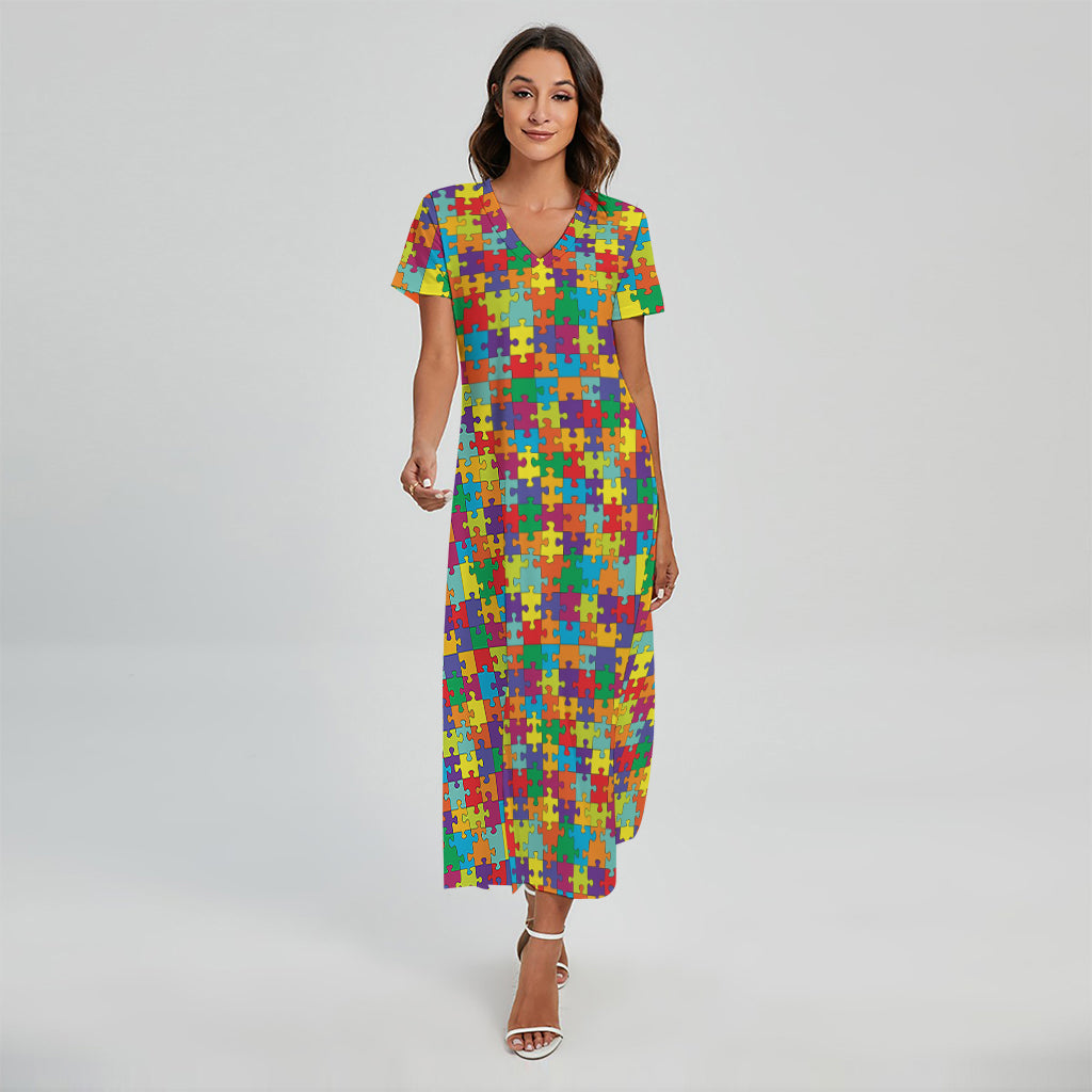 Colorful Autism Awareness Puzzle Print Short Sleeve Maxi Dress