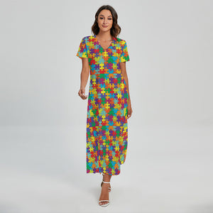 Colorful Autism Awareness Puzzle Print Short Sleeve Maxi Dress