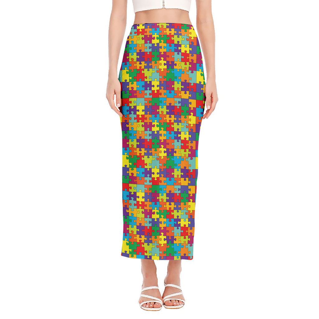 Colorful Autism Awareness Puzzle Print Side Slit Maxi Skirt