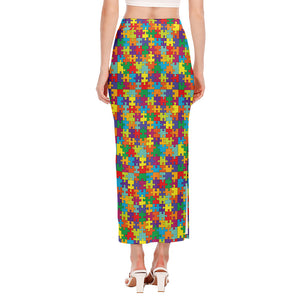 Colorful Autism Awareness Puzzle Print Side Slit Maxi Skirt