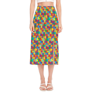 Colorful Autism Awareness Puzzle Print Side Slit Midi Skirt