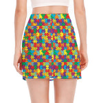 Colorful Autism Awareness Puzzle Print Side Slit Mini Skirt