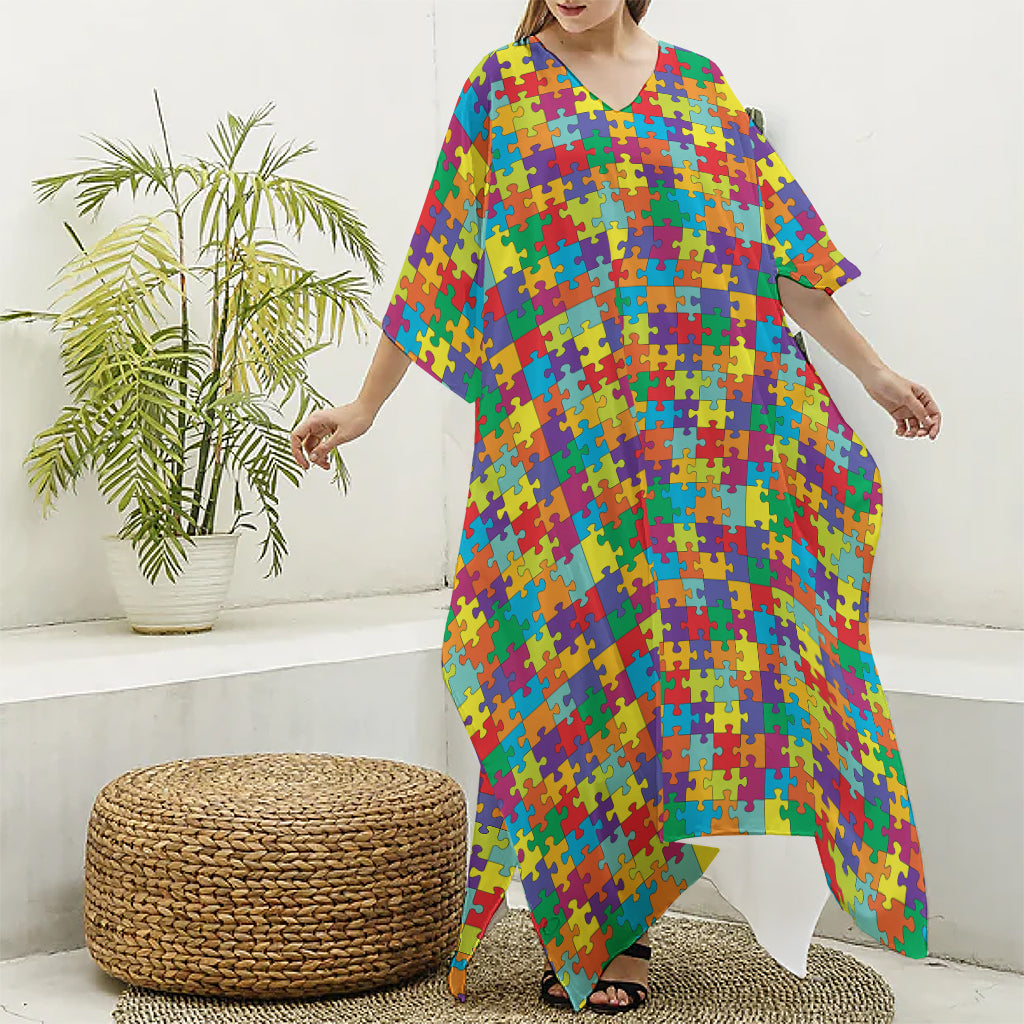 Colorful Autism Awareness Puzzle Print Silk V-Neck Kaftan Dress