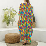 Colorful Autism Awareness Puzzle Print Silk V-Neck Kaftan Dress