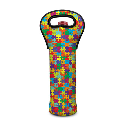 Colorful Autism Awareness Puzzle Print Single Neoprene Wine Tote