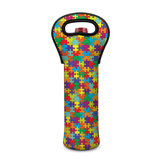 Colorful Autism Awareness Puzzle Print Single Neoprene Wine Tote