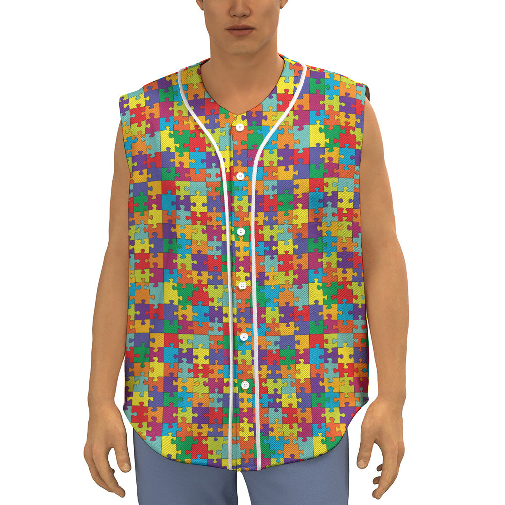 Colorful Autism Awareness Puzzle Print Sleeveless Baseball Jersey