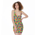 Colorful Autism Awareness Puzzle Print Sleeveless Bodycon Dress