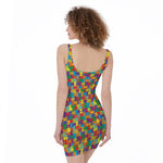 Colorful Autism Awareness Puzzle Print Sleeveless Bodycon Dress