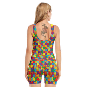 Colorful Autism Awareness Puzzle Print Sleeveless One Piece Swimsuit