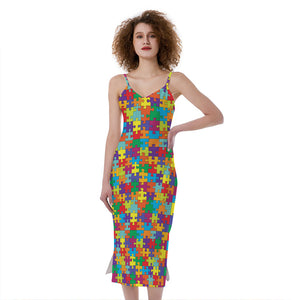 Colorful Autism Awareness Puzzle Print Slim Fit Midi Cami Dress