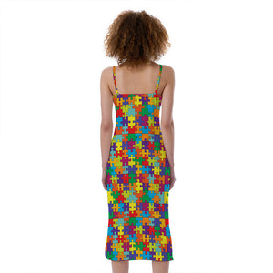 Colorful Autism Awareness Puzzle Print Slim Fit Midi Cami Dress