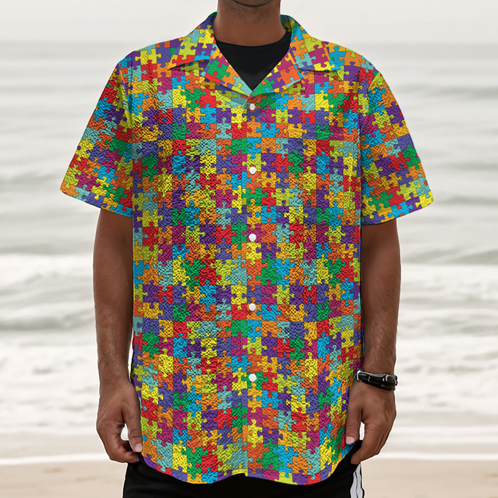 Colorful Autism Awareness Puzzle Print Textured Short Sleeve Shirt