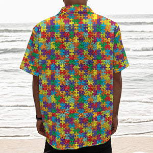 Colorful Autism Awareness Puzzle Print Textured Short Sleeve Shirt