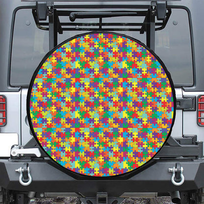 Colorful Autism Awareness Puzzle Print Tire Cover
