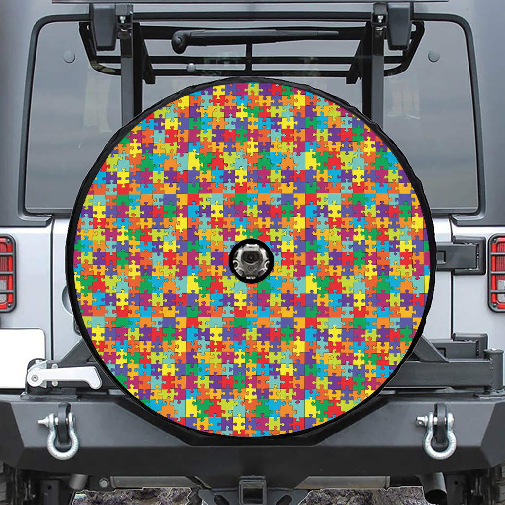 Colorful Autism Awareness Puzzle Print Tire Cover With Camera Hole