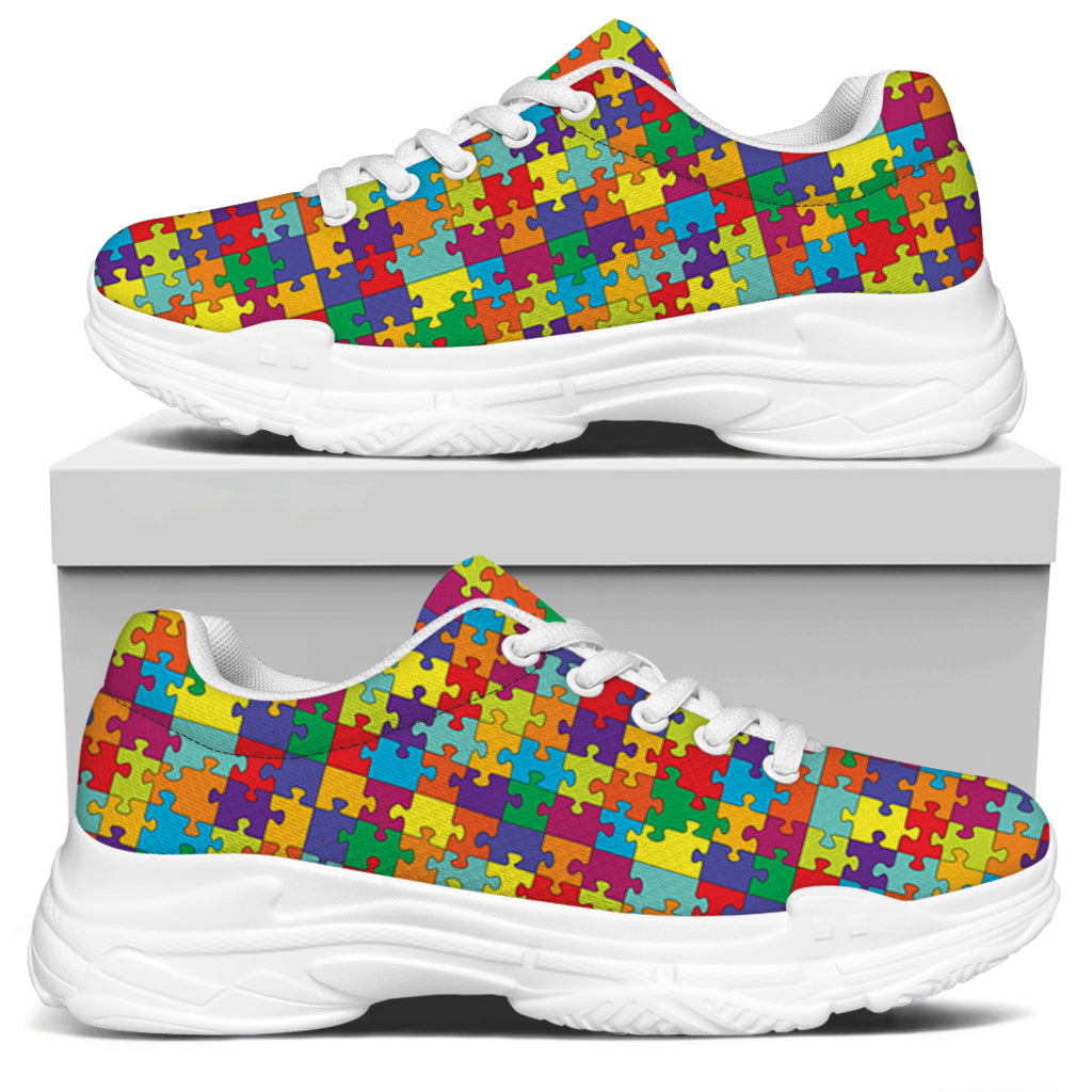 Colorful Autism Awareness Puzzle Print White Chunky Shoes