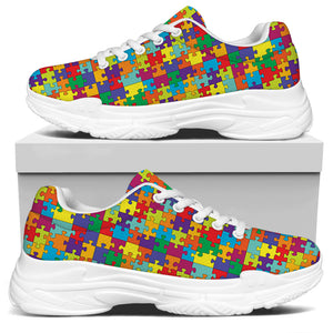 Colorful Autism Awareness Puzzle Print White Chunky Shoes