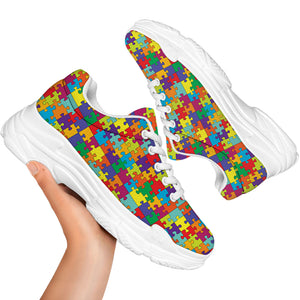 Colorful Autism Awareness Puzzle Print White Chunky Shoes