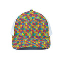 Colorful Autism Awareness Puzzle Print White Mesh Trucker Hat