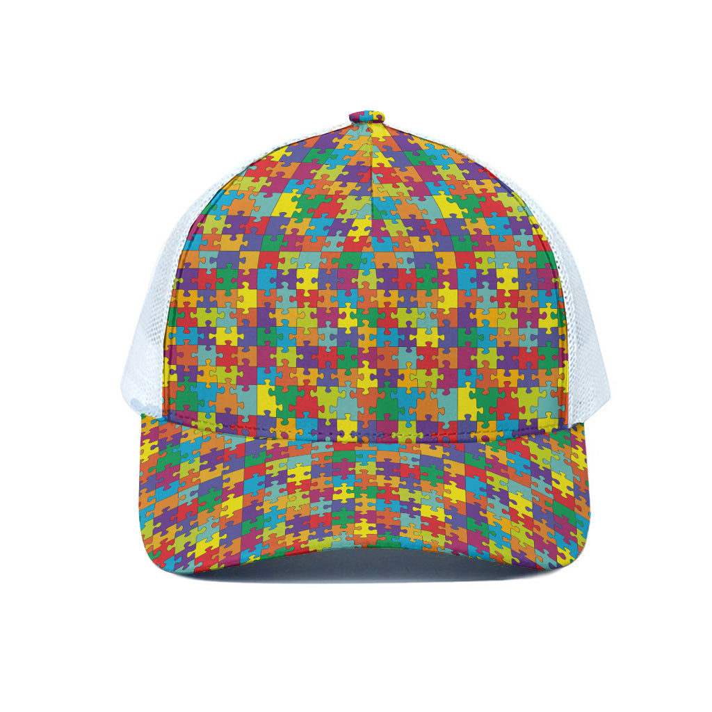 Colorful Autism Awareness Puzzle Print White Mesh Trucker Cap