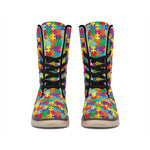Colorful Autism Awareness Puzzle Print Winter Boots