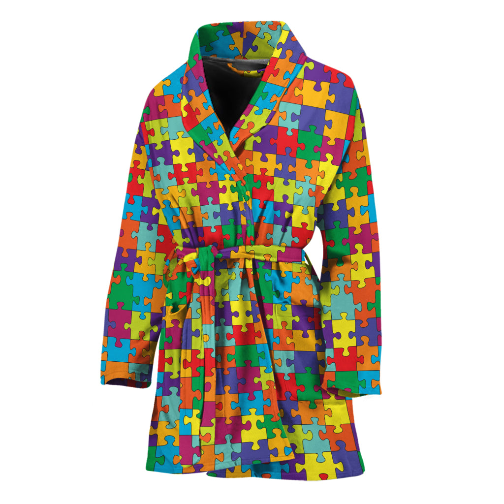 Colorful Autism Awareness Puzzle Print Women's Bathrobe