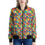 Colorful Autism Awareness Puzzle Print Women's Bomber Jacket