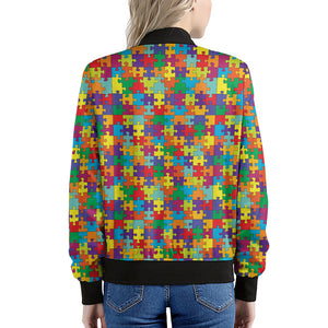 Colorful Autism Awareness Puzzle Print Women's Bomber Jacket