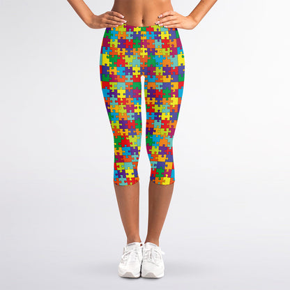 Colorful Autism Awareness Puzzle Print Women's Capri Leggings