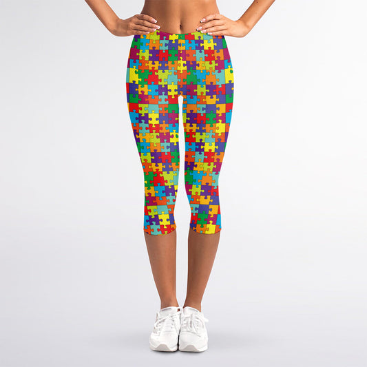 Colorful Autism Awareness Puzzle Print Women's Capri Leggings