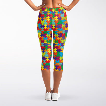 Colorful Autism Awareness Puzzle Print Women's Capri Leggings