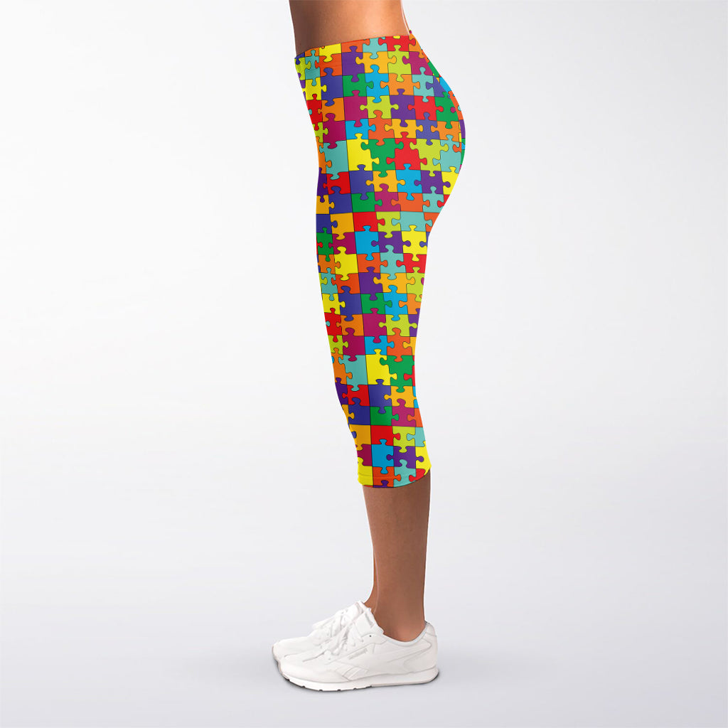 Colorful Autism Awareness Puzzle Print Women's Capri Leggings