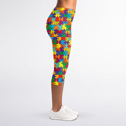 Colorful Autism Awareness Puzzle Print Women's Capri Leggings