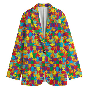 Colorful Autism Awareness Puzzle Print Women's Cotton Blazer