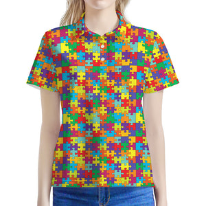 Colorful Autism Awareness Puzzle Print Women's Polo Shirt