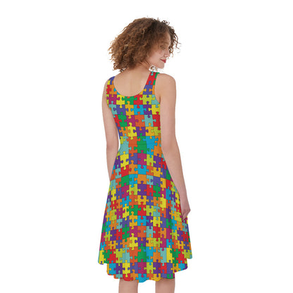 Colorful Autism Awareness Puzzle Print Women's Sleeveless Dress