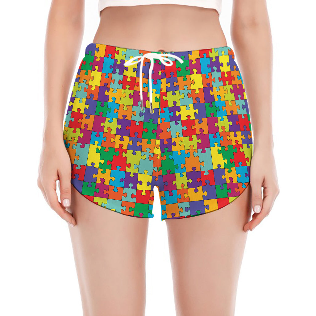 Colorful Autism Awareness Puzzle Print Women's Split Running Shorts