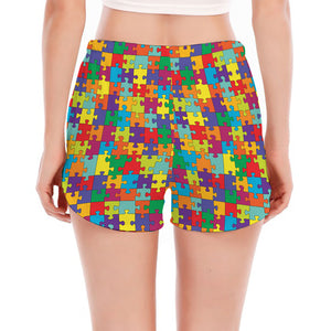 Colorful Autism Awareness Puzzle Print Women's Split Running Shorts