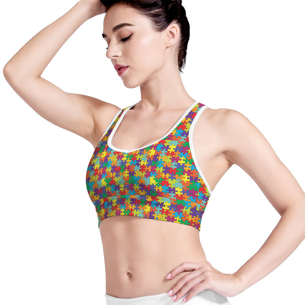 Colorful Autism Awareness Puzzle Print Women's Sports Bra