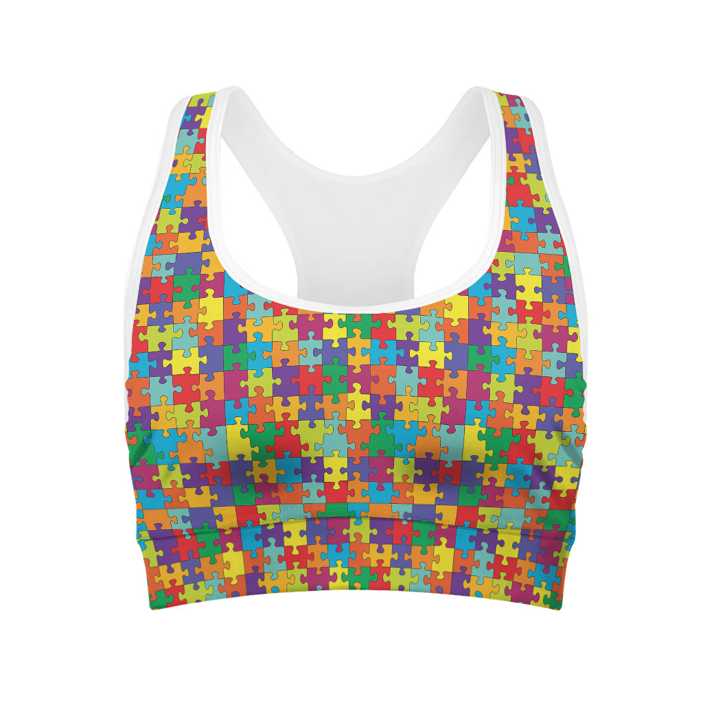 Colorful Autism Awareness Puzzle Print Women's Sports Bra